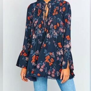 Free People Floral Print Long Sleeve Boho Tunic Size M
